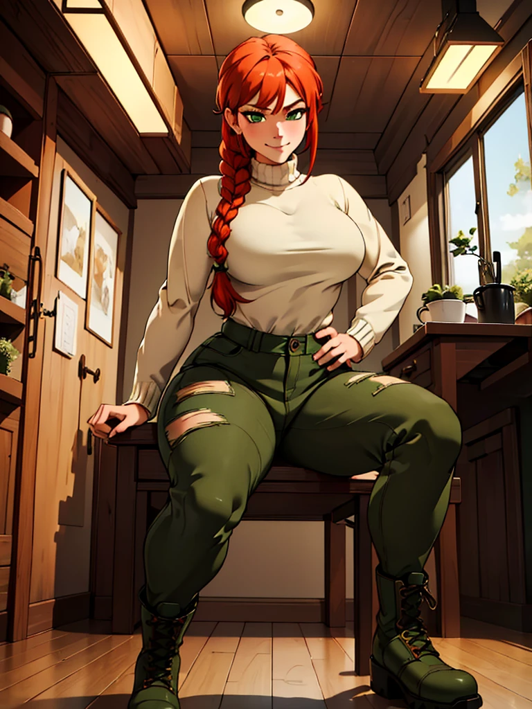 (best quality,4k,8k,highres,masterpiece:1.2),ultra-detailed,realistic:1.37,portrait,  very sexy  girl lesbian redhead, braided hair, beautiful green eyes, seductive, warm sweater, camouflage pants, army boots, smirking, cozy lighting, vibrant colors. Futanari, lewd,    night, crotesc ,