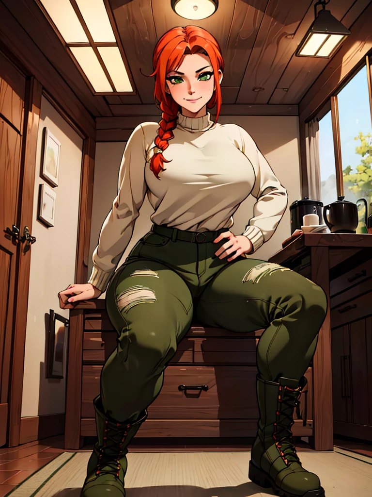 (best quality,4k,8k,highres,masterpiece:1.2),ultra-detailed,realistic:1.37,portrait,  very sexy  girl lesbian redhead, braided hair, beautiful green eyes, seductive, warm sweater, camouflage pants, army boots, smirking, cozy lighting, vibrant colors. Futanari, lewd,    night, crotesc ,