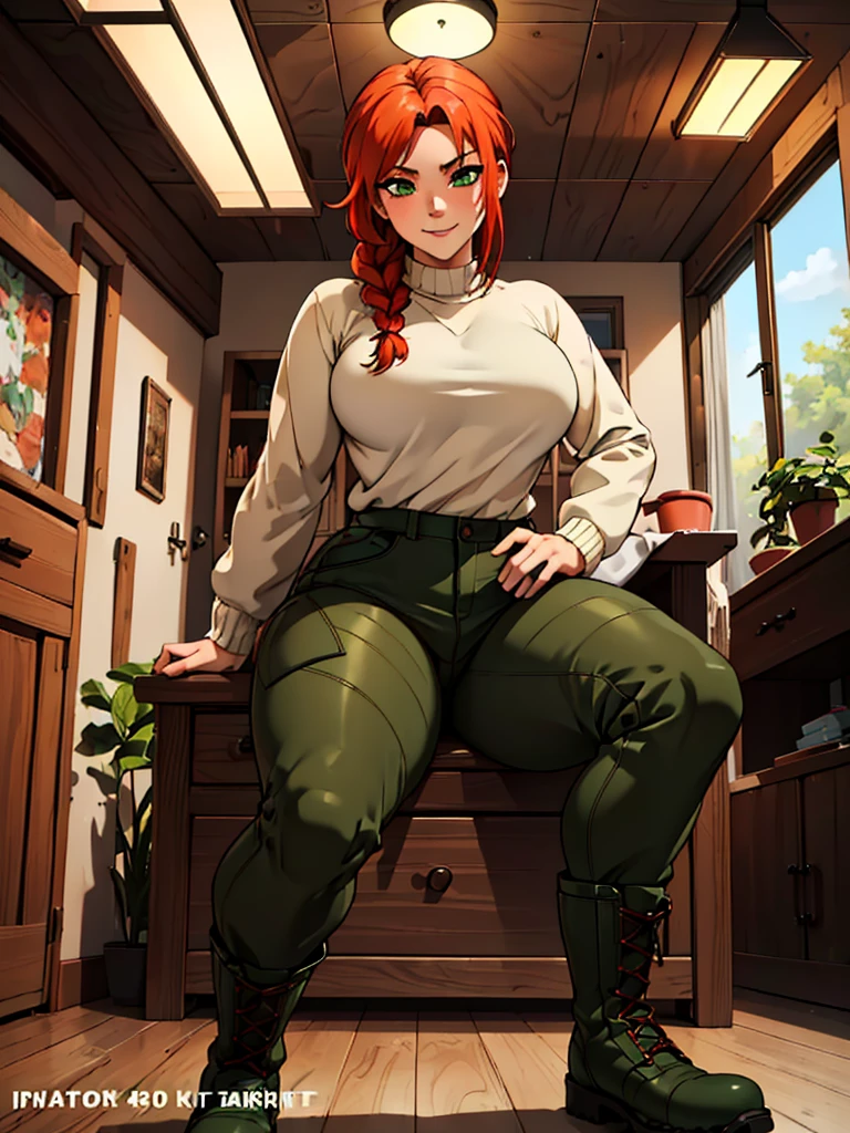 (best quality,4k,8k,highres,masterpiece:1.2),ultra-detailed,realistic:1.37,portrait,  very sexy  girl lesbian redhead, braided hair, beautiful green eyes, seductive, warm sweater, camouflage pants, army boots, smirking, cozy lighting, vibrant colors. Futanari, lewd,    night, crotesc ,