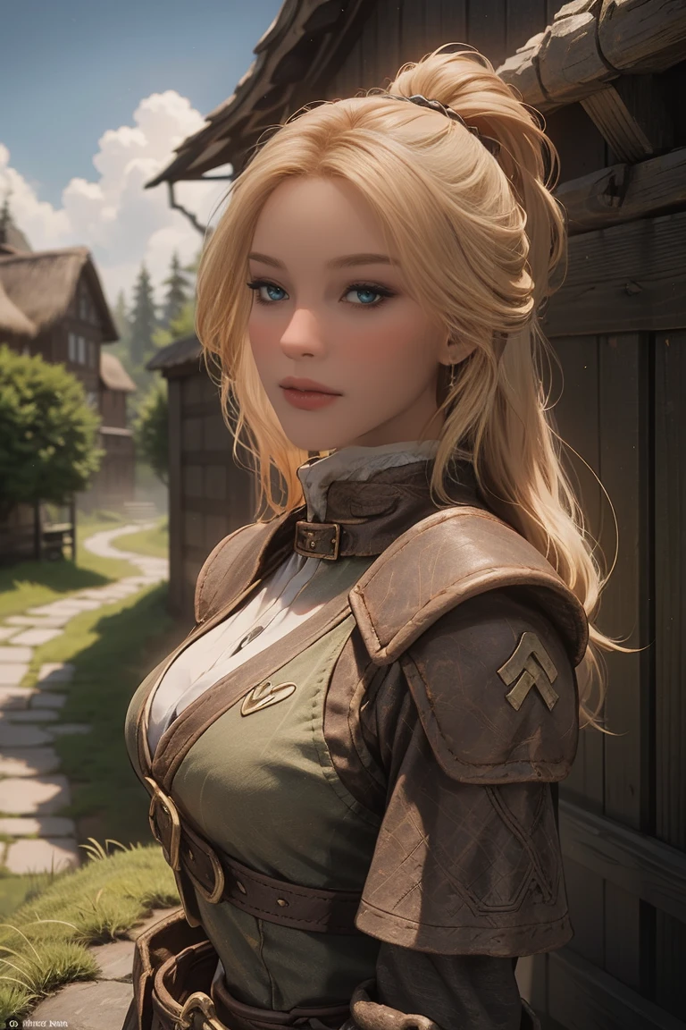 1 fille, chef-d&#39;œuvre, 32 J’ai, La beauté bretonne est assise en plein air dans un village rustique de Skyrim, entouré de toits de chaume et de verdure luxuriante. Le soleil projette une lueur chaude sur sa peau de porcelaine alors qu&#39;elle regarde directement dans l&#39;objectif de l&#39;appareil photo., ses yeux verts perçants pétillants d&#39;un soupçon de malice. Ses tresses corbeau tombent sur son dos comme une cascade., encadrant son visage en forme de cœur. Un doux sourire joue sur ses lèvres, invitant le spectateur à entrer dans son monde fantaisiste. cheveux blond, corps en forme, (vue de face du corps féminin:1.3), (regarder directement le spectateur:1.3)