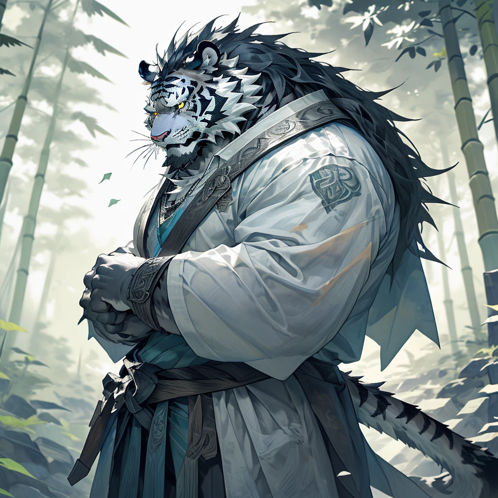 白色皮肤tiger),(黑白阴阳General战袍),Holding a long sword,坚Strong姿态,Stand calmly,(The background is a dark forest，Full of bamboo:1.2),abdominal muscles,Heroic Stance飒爽,完美的masterpiece,Various facial details,Perspective from a distance,specific description,masterpiece,CG,(Golden Eyes),Black and white pattern,Crimson Tail,General,Heroic Stance,tiger,Black and white fur,Specific facial details,Half Body,(黑白阴阳General战履),(Chang Ling),((middle aged)),(Face Focus),(16K),HD,Black and white belly，wilderness,beard,(Noodle),Different students,(Black and white yin and yang shirt),(Black and white hair),Strong,muscle,(high resolution:1.3),(Standing deep in the desolate bamboo forest),(close up),(Delicate face:1.5),Perfect details,(Half Body),(Facial details:1.5),(Zoom in on the face:1.5),(白色Noodle