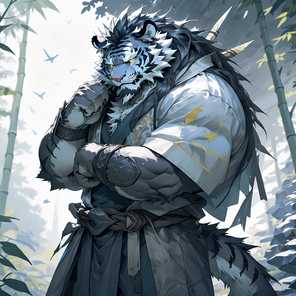 白色皮肤tiger),(黑白阴阳General战袍),Holding a long sword,坚Strong姿态,Stand calmly,(The background is a dark forest，Full of bamboo:1.2),abdominal muscles,Heroic Stance飒爽,完美的masterpiece,Various facial details,Perspective from a distance,specific description,masterpiece,CG,(Golden Eyes),Black and white pattern,Crimson Tail,General,Heroic Stance,tiger,Black and white fur,Specific facial details,Half Body,(黑白阴阳General战履),(Chang Ling),((middle aged)),(Face Focus),(16K),HD,Black and white belly，wilderness,beard,(Noodle),Different students,(Black and white yin and yang shirt),(Black and white hair),Strong,muscle,(high resolution:1.3),(Standing deep in the desolate bamboo forest),(close up),(Delicate face:1.5),Perfect details,(Half Body),(Facial details:1.5),(Zoom in on the face:1.5),(白色Noodle:1.2),(黑色beard:1.3),(white face;1.6),White body