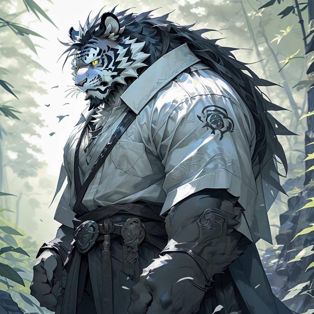 白色皮肤tiger),(黑白阴阳General战袍),Holding a long sword,坚Strong姿态,Stand calmly,(The background is a dark forest，Full of bamboo:1.2),abdominal muscles,Heroic Stance飒爽,完美的masterpiece,Various facial details,Perspective from a distance,specific description,masterpiece,CG,(Golden Eyes),Black and white pattern,Crimson Tail,General,Heroic Stance,tiger,Black and white fur,Specific facial details,Half Body,(黑白阴阳General战履),(Chang Ling),((middle aged)),(Face Focus),(16K),HD,Black and white belly，wilderness,beard,(Noodle),Different students,(Black and white yin and yang shirt),(Black and white hair),Strong,muscle,(high resolution:1.3),(Standing deep in the desolate bamboo forest),(close up),(Delicate face:1.5),Perfect details,(Half Body),(Facial details:1.5),(Zoom in on the face:1.5),(白色Noodle:1.2),(黑色beard:1.3),(white face;1.6),White body