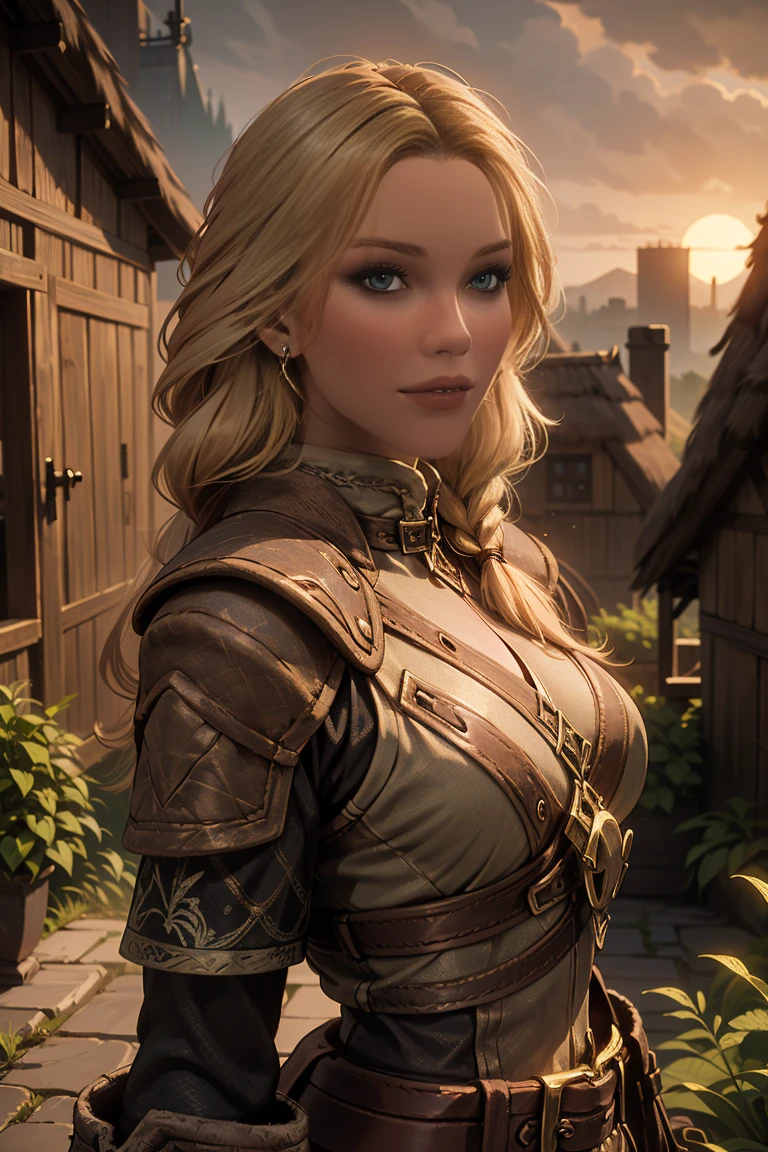 1 girl, masterpiece, 32 yo, femalebreton beauty sits outdoors in a rustic Skyrim village, surrounded by thatched roofs and lush greenery. The sun casts a warm glow on her porcelain skin as she gazes directly into the camera lens, her piercing green eyes sparkling with a hint of mischief. Her raven tresses cascade down her back like a waterfall, framing her heart-shaped face. A gentle smile plays on her lips, inviting the viewer to step into her whimsical world. blonde hair, fit body, (female front body view:1.3), (looking straight at the viewer:1.3)