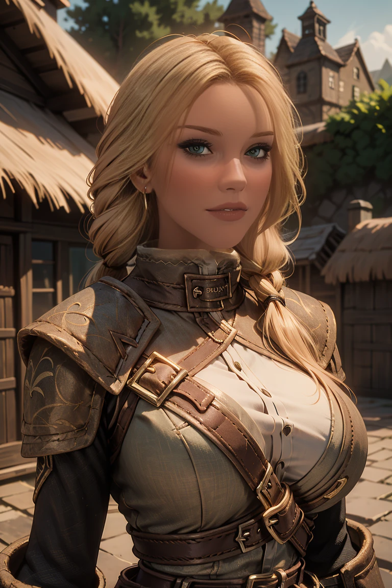 1 girl, masterpiece, 32 yo, femalebreton beauty sits outdoors in a rustic Skyrim village, surrounded by thatched roofs and lush greenery. The sun casts a warm glow on her porcelain skin as she gazes directly into the camera lens, her piercing green eyes sparkling with a hint of mischief. Her raven tresses cascade down her back like a waterfall, framing her heart-shaped face. A gentle smile plays on her lips, inviting the viewer to step into her whimsical world. blonde hair, fit body, (female front body view:1.3), (looking straight at the viewer:1.3)