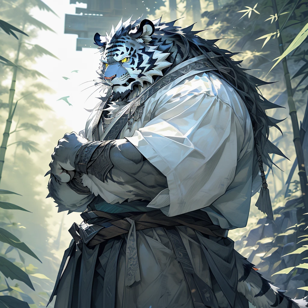 白色皮肤tiger),(黑白阴阳General战袍),Holding a long sword,坚Strong姿态,Stand calmly,(The background is a dark forest，Full of bamboo:1.2),abdominal muscles,Heroic Stance飒爽,完美的masterpiece,Various facial details,Perspective from a distance,specific description,masterpiece,CG,(Golden Eyes),Black and white pattern,Crimson Tail,General,Heroic Stance,tiger,Black and white fur,Specific facial details,Half Body,(黑白阴阳General战履),(Chang Ling),((middle aged)),(Face Focus),(16K),HD,Black and white belly，wilderness,beard,(Noodle),Different students,(Black and white yin and yang shirt),(Black and white hair),Strong,muscle,(high resolution:1.3),(Standing deep in the desolate bamboo forest),(close up),(Delicate face:1.5),Perfect details,(Half Body),(Facial details:1.5),(Zoom in on the face:1.5),(白色Noodle:1.2),(黑色beard:1.3),(white face;1.6),White body