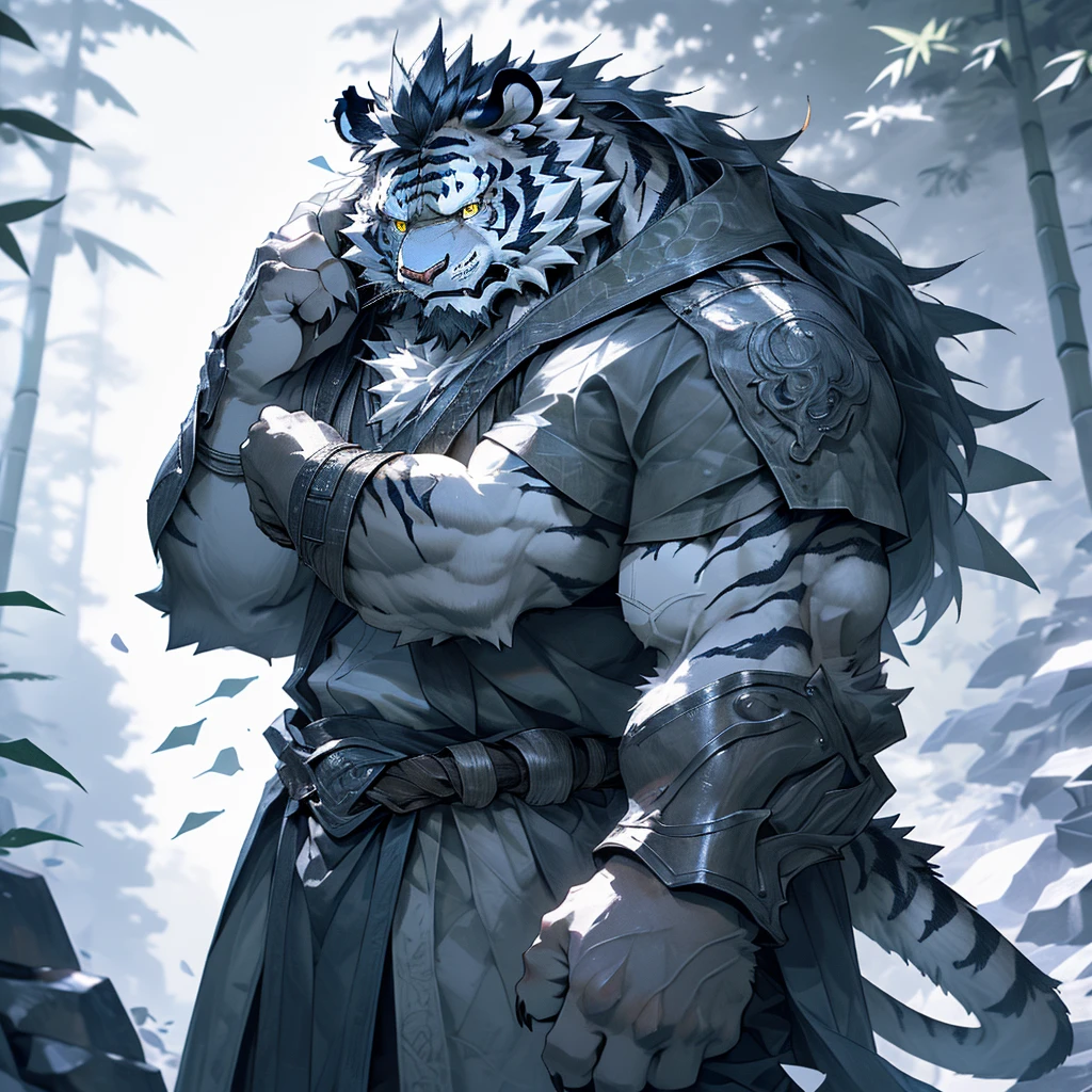 白色皮肤tiger),(黑白阴阳General战袍),Holding a long sword,坚Strong姿态,Stand calmly,(The background is a dark forest，Full of bamboo:1.2),abdominal muscles,Heroic Stance飒爽,完美的masterpiece,Various facial details,Perspective from a distance,specific description,masterpiece,CG,(Golden Eyes),Black and white pattern,Crimson Tail,General,Heroic Stance,tiger,Black and white fur,Specific facial details,Half Body,(黑白阴阳General战履),(Chang Ling),((middle aged)),(Face Focus),(16K),HD,Black and white belly，wilderness,beard,(Noodle),Different students,(Black and white yin and yang shirt),(Black and white hair),Strong,muscle,(high resolution:1.3),(Standing deep in the desolate bamboo forest),(close up),(Delicate face:1.5),Perfect details,(Half Body),(Facial details:1.5),(Zoom in on the face:1.5),(白色Noodle:1.2),(黑色beard:1.3),(white face;1.6),White body