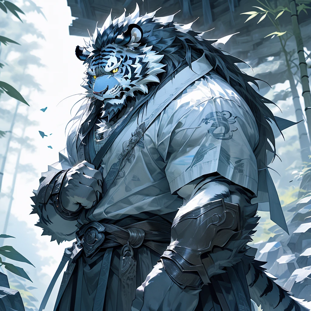 白色皮肤tiger),(黑白阴阳General战袍),Holding a long sword,坚Strong姿态,Stand calmly,(The background is a dark forest，Full of bamboo:1.2),abdominal muscles,Heroic Stance飒爽,完美的masterpiece,Various facial details,Perspective from a distance,specific description,masterpiece,CG,(Golden Eyes),Black and white pattern,Crimson Tail,General,Heroic Stance,tiger,Black and white fur,Specific facial details,Half Body,(黑白阴阳General战履),(Chang Ling),((middle aged)),(Face Focus),(16K),HD,Black and white belly，wilderness,beard,(Noodle),Different students,(Black and white yin and yang shirt),(Black and white hair),Strong,muscle,(high resolution:1.3),(Standing deep in the desolate bamboo forest),(close up),(Delicate face:1.5),Perfect details,(Half Body),(Facial details:1.5),(Zoom in on the face:1.5),(白色Noodle:1.2),(黑色beard:1.3),(white face;1.6),White body ink painting style