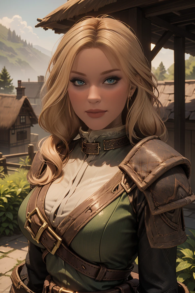 1 girl, masterpiece, 32 yo, femalebreton beauty sits outdoors in a rustic Skyrim village, surrounded by thatched roofs and lush greenery. The sun casts a warm glow on her porcelain skin as she gazes directly into the camera lens, her piercing green eyes sparkling with a hint of mischief. Her raven tresses cascade down her back like a waterfall, framing her heart-shaped face. A gentle smile plays on her lips, inviting the viewer to step into her whimsical world. blonde hair, fit body, (female front body view:1.3), (looking straight at the viewer:1.3)