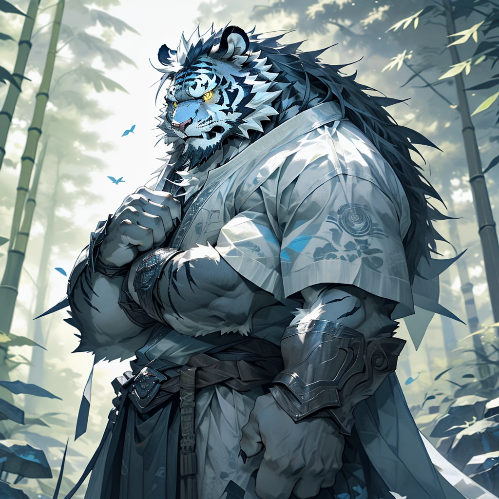 白色皮肤tiger),(黑白阴阳General战袍),Holding a long sword,坚Strong姿态,Stand calmly,(The background is a dark forest，Full of bamboo:1.2),abdominal muscles,Heroic Stance飒爽,完美的masterpiece,Various facial details,Perspective from a distance,specific description,masterpiece,CG,(Golden Eyes),Black and white pattern,Crimson Tail,General,Heroic Stance,tiger,Black and white fur,Specific facial details,Half Body,(黑白阴阳General战履),(Chang Ling),((middle aged)),(Face Focus),(16K),HD,Black and white belly，wilderness,beard,(Noodle),Different students,(Black and white yin and yang shirt),(Black and white hair),Strong,muscle,(high resolution:1.3),(Standing deep in the desolate bamboo forest),(close up),(Delicate face:1.5),Perfect details,(Half Body),(Facial details:1.5),(Zoom in on the face:1.5),(白色Noodle:1.2),(黑色beard:1.3),(white face;1.6),White body ink painting style