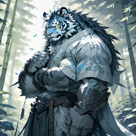 白色皮肤tiger),(黑白阴阳general战袍),holding a long sword,坚strong姿态,stand calmly,(the background is a dark forest，full of bamboo:1.2),abdo...