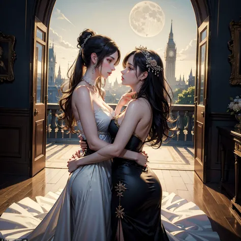 (masterpiece, best quality:1.5), two women is deeply in love with each other, kiss, romantic atmosphere, flower and moon, magnif...