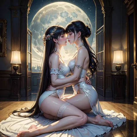 (masterpiece, best quality:1.5), two women is deeply in love with each other, kiss, romantic atmosphere, flower and moon, magnif...