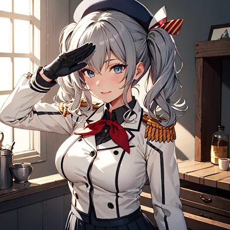 {{kashima (kancolle)}}, blue eyes, medium [[[large]]] breasts, twintails, wavy grey hair, military uniform, dark grey shirt, col...