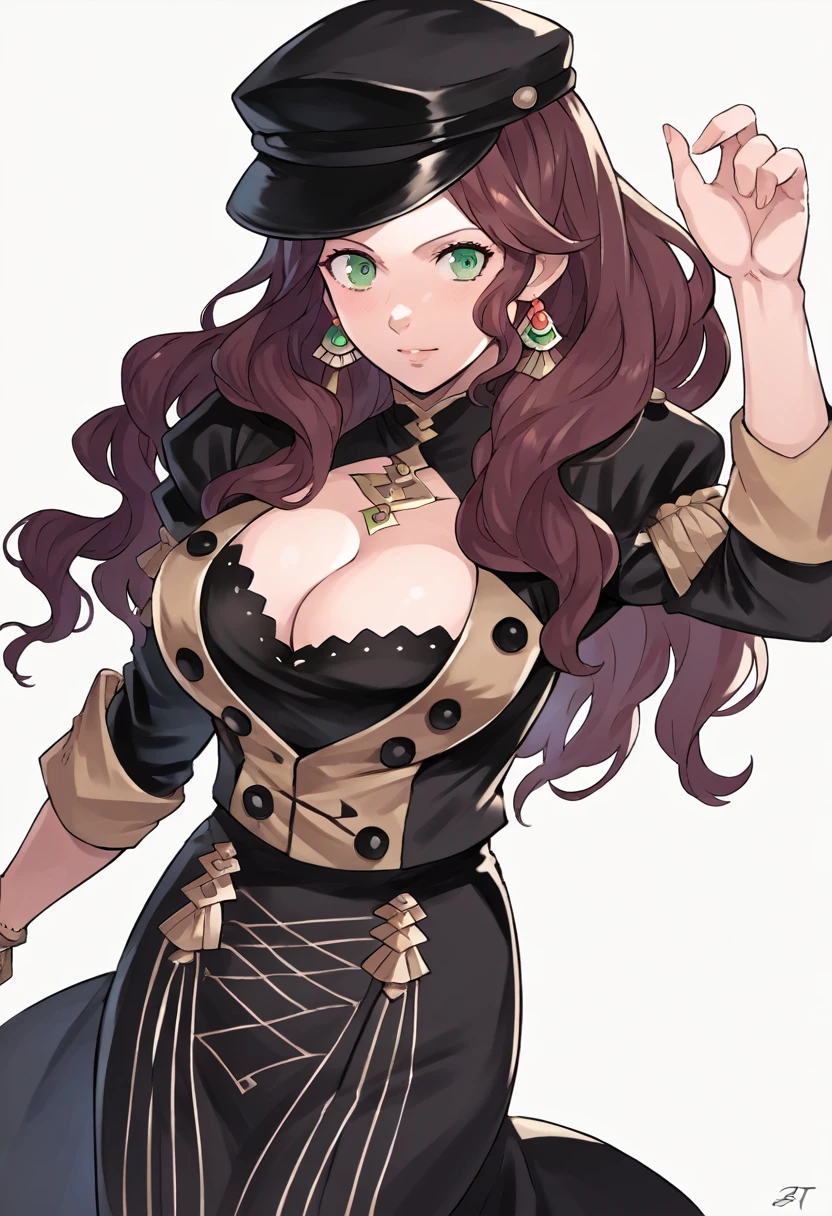 score_9, score_8_up, score_7_up, source_anime, Dorothea (Fire Emblem), mldortgm, black headwear, black skirt, (black uniform), brown hair, dangle earrings, gold trim, green eyes, jewelry, large breasts, cleavage, long hair, black peaked cap, black hat