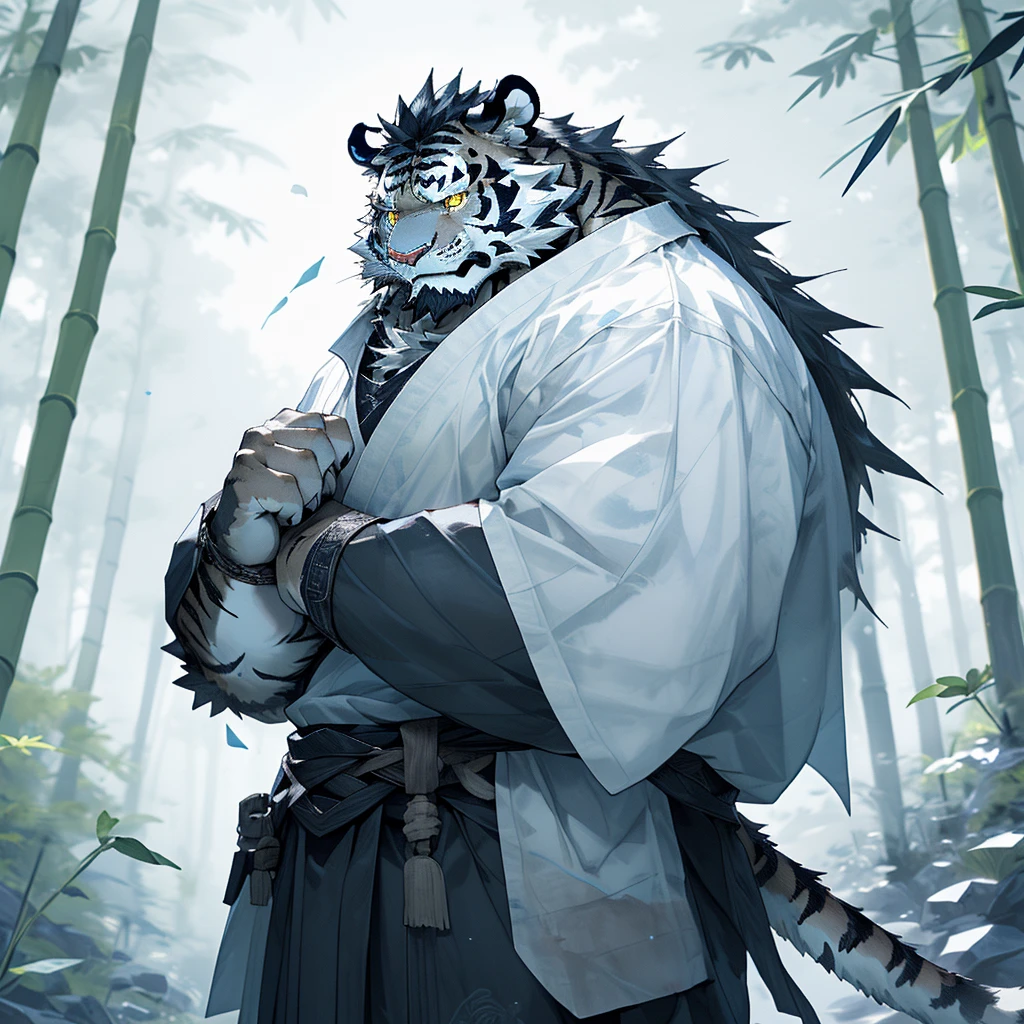 白色皮肤tiger),(黑白阴阳General战袍),Holding a long sword,坚Strong姿态,Stand calmly,(The background is a dark forest，Full of bamboo:1.2),abdominal muscles,Heroic Stance飒爽,完美的masterpiece,Various facial details,Perspective from a distance,specific description,masterpiece,CG,(Golden Eyes),Black and white pattern,Crimson Tail,General,Heroic Stance,tiger,Black and white fur,Specific facial details,Half Body,(黑白阴阳General战履),(Chang Ling),((middle aged)),(Face Focus),(16K),HD,Black and white belly，wilderness,beard,(Noodle),Different students,(Black and white yin and yang shirt),(Black and white hair),Strong,muscle,(high resolution:1.3),(Standing deep in the desolate bamboo forest),(close up),(Delicate face:1.5),Perfect details,(Half Body),(Facial details:1.5),(Zoom in on the face:1.5),(白色Noodle:1.2),(黑色beard:1.3),(white face;1.6),White body