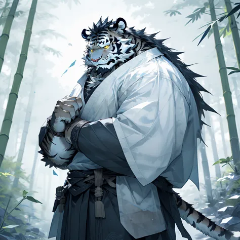 白色皮肤tiger),(黑白阴阳general战袍),holding a long sword,坚strong姿态,stand calmly,(the background is a dark forest，full of bamboo:1.2),abdo...