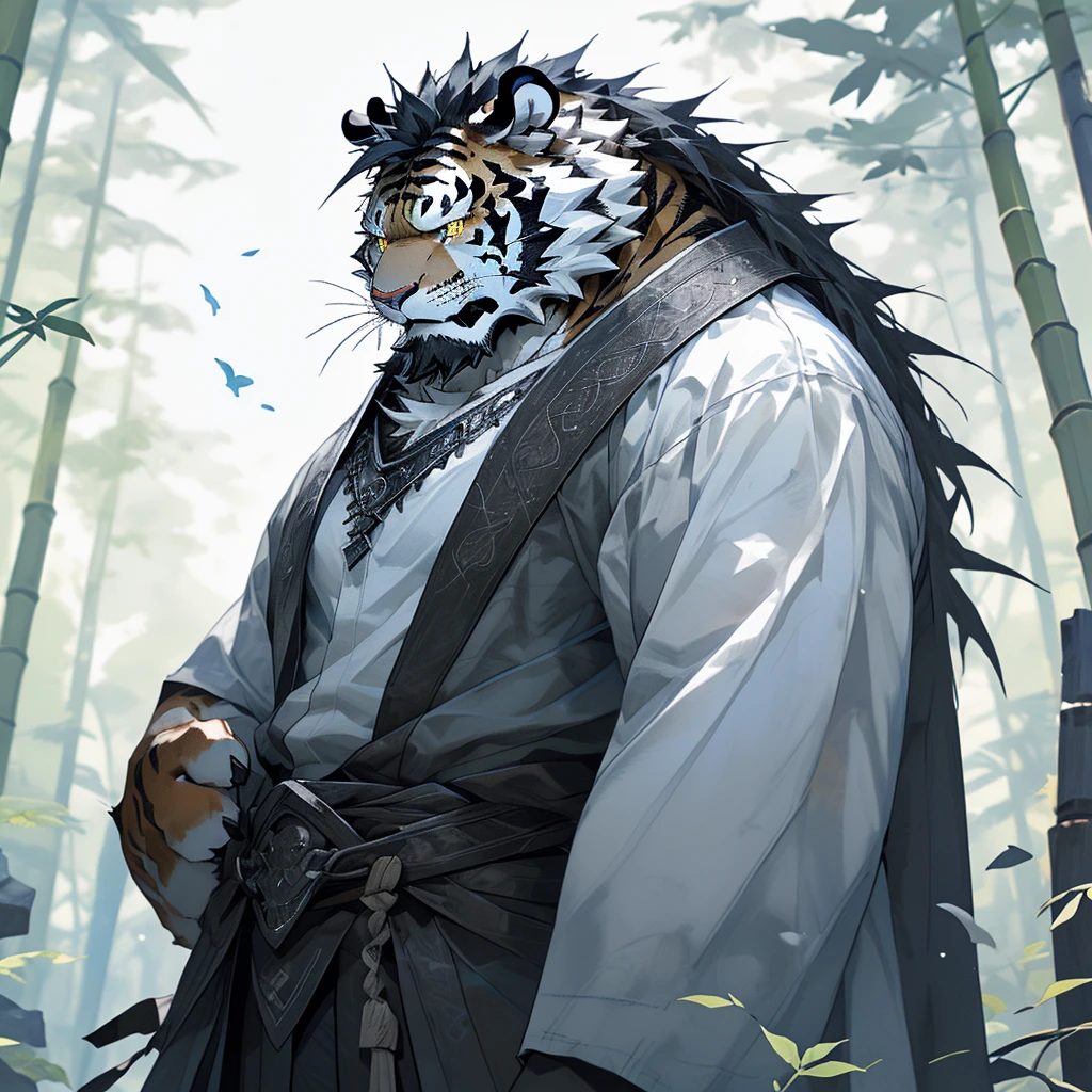 白色皮肤tiger),(黑白阴阳General战袍),Holding a long sword,坚Strong姿态,Stand calmly,(The background is a dark forest，Full of bamboo:1.2),abdominal muscles,Heroic Stance飒爽,完美的masterpiece,Various facial details,Perspective from a distance,specific description,masterpiece,CG,(Golden Eyes),Black and white pattern,Crimson Tail,General,Heroic Stance,tiger,Black and white fur,Specific facial details,Half Body,(黑白阴阳General战履),(Chang Ling),((middle aged)),(Face Focus),(16K),HD,Black and white belly，wilderness,beard,(Noodle),Different students,(Black and white yin and yang shirt),(Black and white hair),Strong,muscle,(high resolution:1.3),(Standing deep in the desolate bamboo forest),(close up),(Delicate face:1.5),Perfect details,(Half Body),(Facial details:1.5),(Zoom in on the face:1.5),(白色Noodle:1.2),(黑色beard:1.3),(white face;1.6),White body