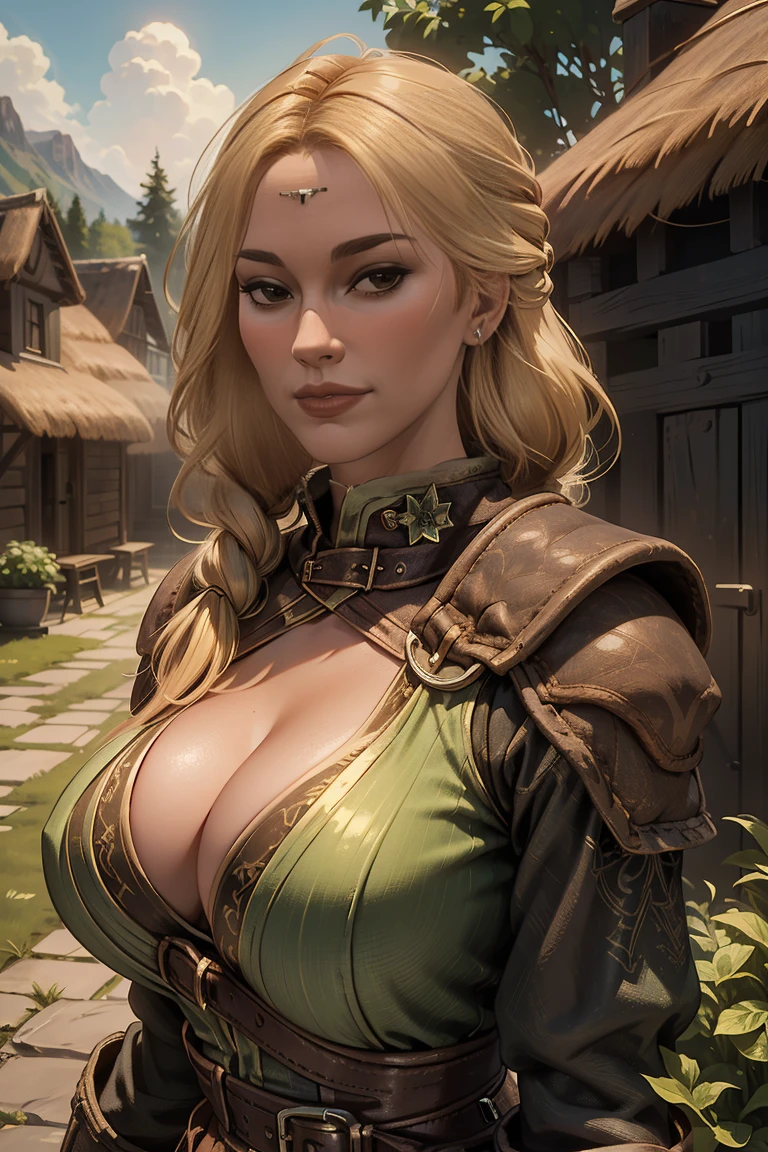 1 girl, masterpiece, 32 yo, femalebreton beauty sits outdoors in a rustic Skyrim village, surrounded by thatched roofs and lush greenery. The sun casts a warm glow on her porcelain skin as she gazes directly into the camera lens, her piercing green eyes sparkling with a hint of mischief. Her raven tresses cascade down her back like a waterfall, framing her heart-shaped face. A gentle smile plays on her lips, inviting the viewer to step into her whimsical world. blonde hair, fit body, (female front body view:1.3), (looking straight at the viewer:1.3)