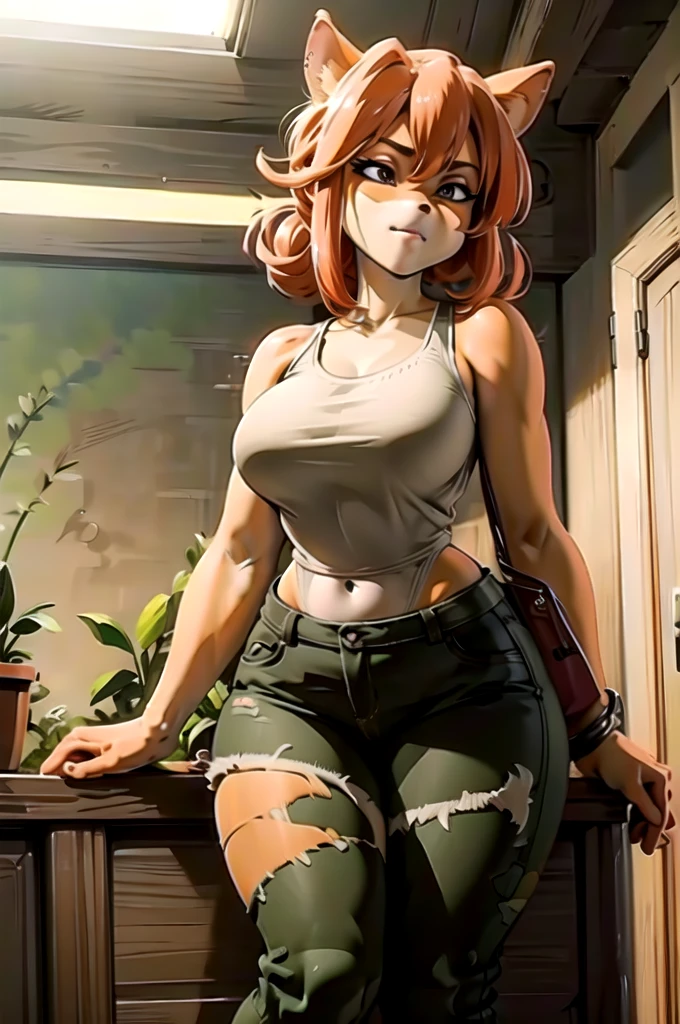 (best quality,4k,8k,highres,masterpiece:1.2),ultra-detailed,realistic:1.37,portrait,anthro bandicoot futa girl redhead, long hair, beautiful close eyes, relaxing moment, sexy , sweater,  camouflage  pants, ,cozy lighting, vibrant colors , girl anthro , 