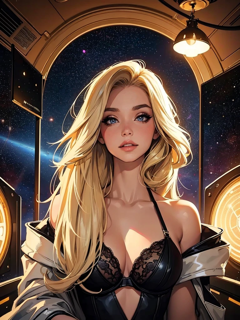 1girl,a beautiful fashion model ,(masterpiece, detailed background, best quality), shiny shoulder length hair, light blonde hair with blonde highlights dark roots, ,smirk,juicy lips, full lips, calmart, lingerie, stripping, elegant makeup, sci fi environment,(space cruise)