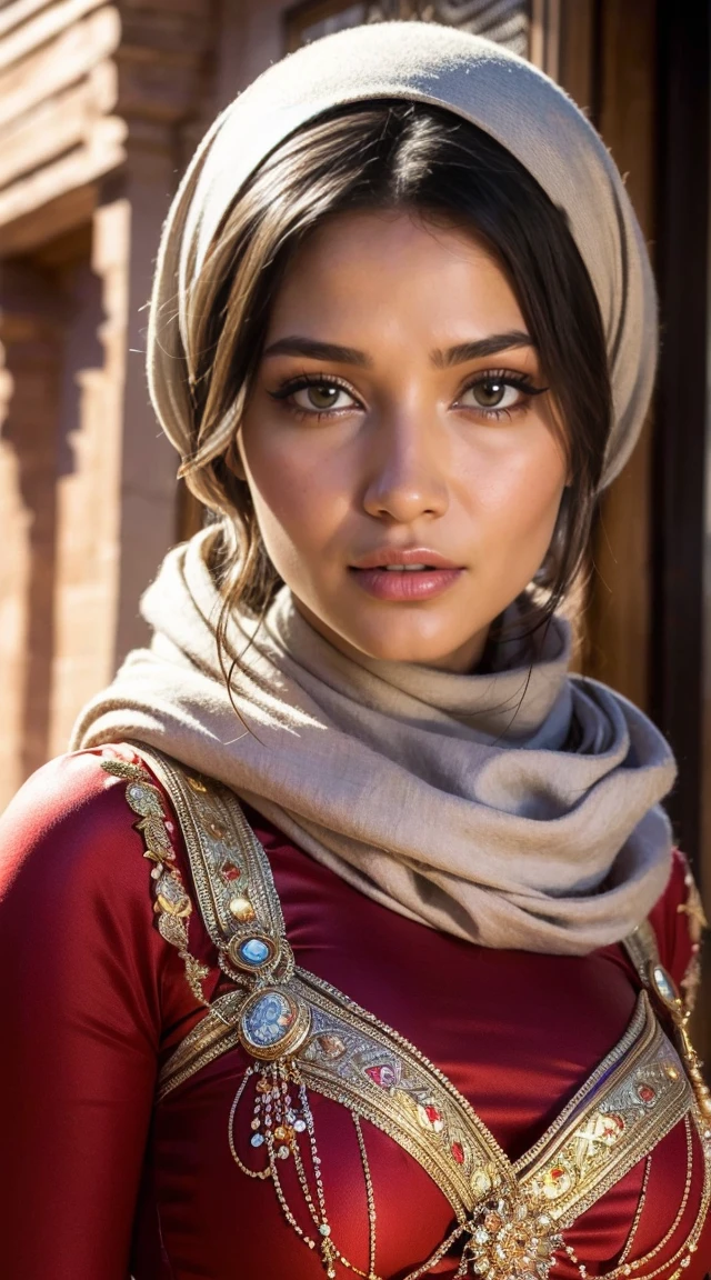 Moroccan girl, Brunnete, (Traditional respectful covered dress), (very loose head scarf showing curly hair), (Morrocan souk environment), masterpiece, best quality, highly detailed, (Beautiful and detailed eyes beautiful and detailed face), (Best Quality), (ultra-detailed), (masterpiece), (high resolution), (Original), ultra-realistic.