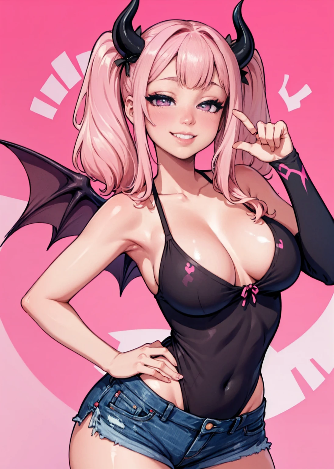 big lips, pink hair, pink eyes, japanese face, gyaru, huge breasts, wide hips, sexy, pink theme, kawaii, detailed, decora, bangs, grin, gyaru outfit, kawaii, pink and black outfit,, horns, cute succubus, small succubus wings, winking, eye wink, , twin tails, winky face,perfect angle, HD quality, 8k, pink eyes, loser hand sign, loser, L, twin tails, mini shorts, colorful, evil