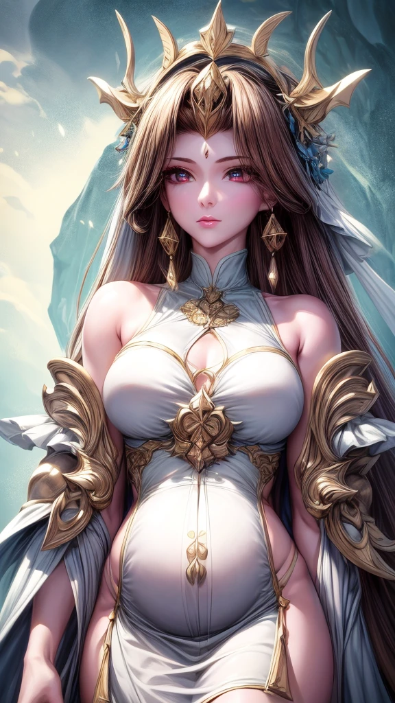 best quality, masterpiece, Medium chest, (Medium breasts), Delicate skin texture, Detailed fabric texture, Delicate face, Super Detail, 8k, Intricate details, 1 Girl, 30 years old, High contrast, High resolution eyes, Dark Blonde Goddess，Royal sister，Sexy body，Pregnant，6 months。