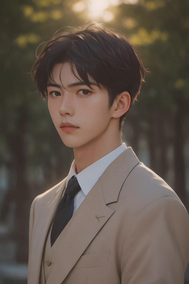 Handsome man portrait, Shooting with a Leica,  Gorgeous lighting, Subtle pastel tones, Wearing a suit，Looking into the camera，Deep Emotions