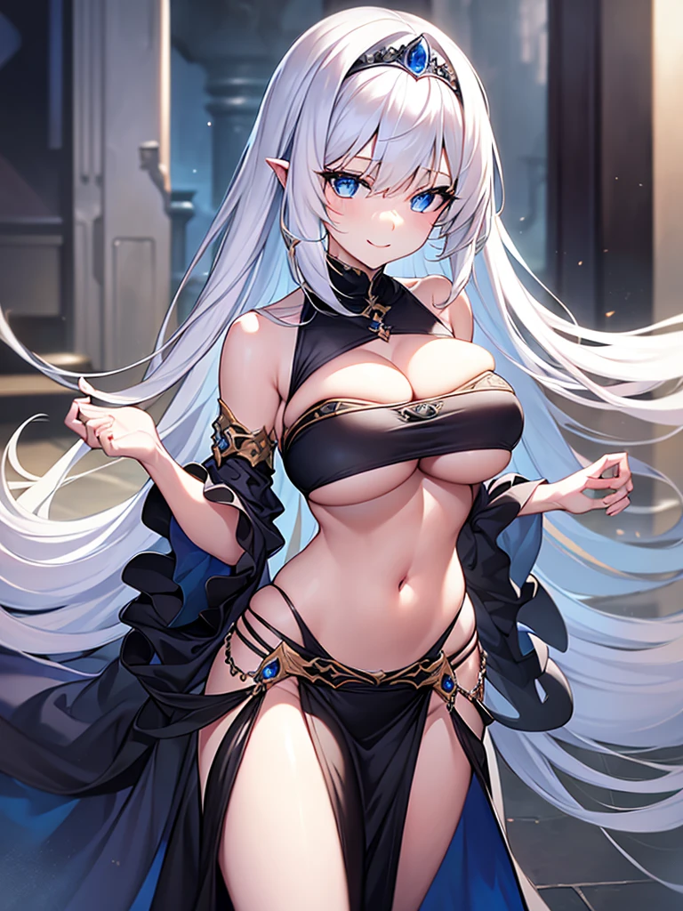 solo, (masterpiece), (beautify), (alone), (young adult), ((white hair)), medium hair, tiara, (blue eyes), smile, black clothes, bare midriff, bare stomach, black dress, cleft of venus, (huge breasts), underboob, detached sleeves, blue aura