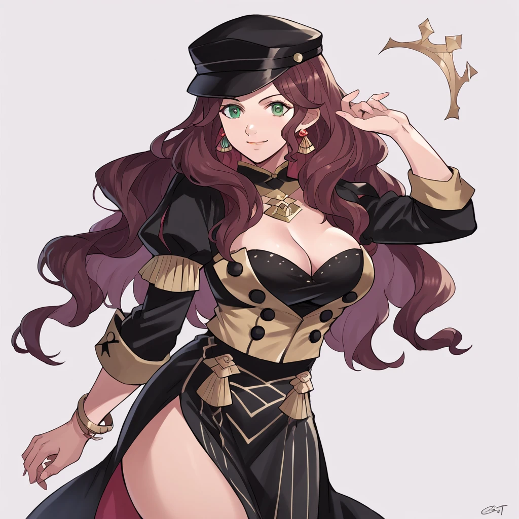 score_9, score_8_up, score_7_up, source_anime, Dorothea (Fire Emblem), mldortgm, black headwear, (black uniform), brown hair, dangle earrings, gold trim, green eyes, jewelry, large breasts, cleavage, long hair, black peaked cap, black hat, looking at the viewer, smile