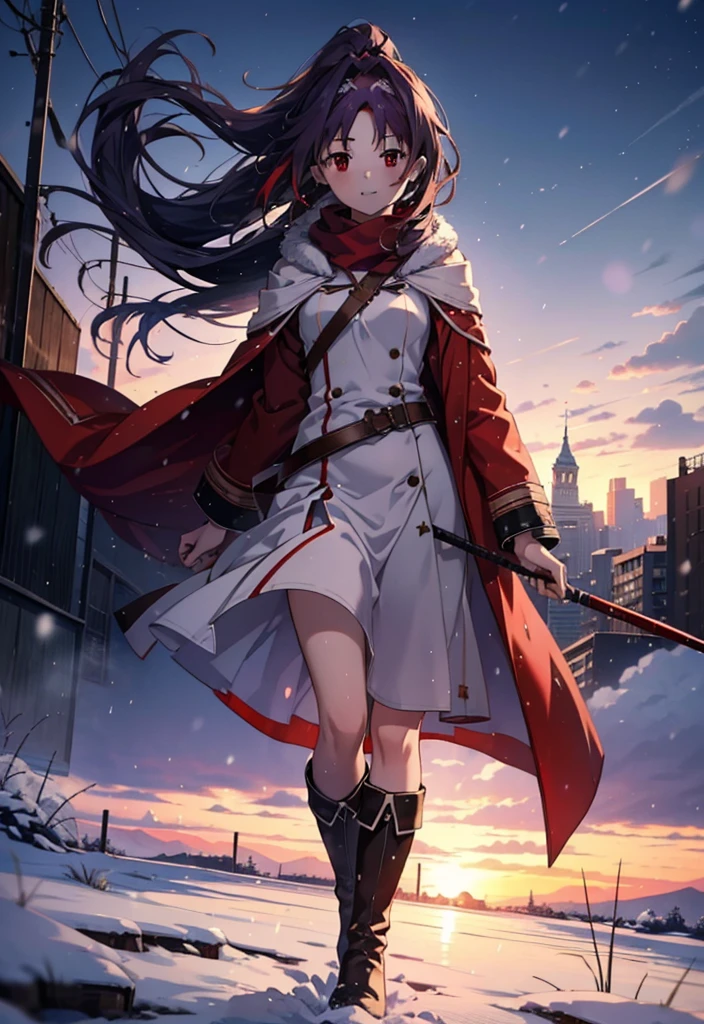 yuukikonno, Konno Yuuki, Long Hair, Pointed Ears, Purple Hair, (Red eyes:1.5), (Small breasts:1.2), Open your mouth,happy smile, smile, Open your mouth,hair band,low ponytail,Red Scarf,Purple long coat,V-neck sweater,Long skirt,short boots,snowが降っている,snowが降り積もっている,snow,snow,snow,snow,winter,Cold night,Walking,whole bodyがイラストに入るように,Looking down from above,
break looking at viewer,  whole body,
break outdoors, In town,
break (masterpiece:1.2), Highest quality, High resolution, unity 8k wallpaper, (figure:0.8), (Beautiful attention to detail:1.6), Highly detailed face, Perfect lighting, Highly detailed CG, (Perfect hands, Perfect Anatomy),