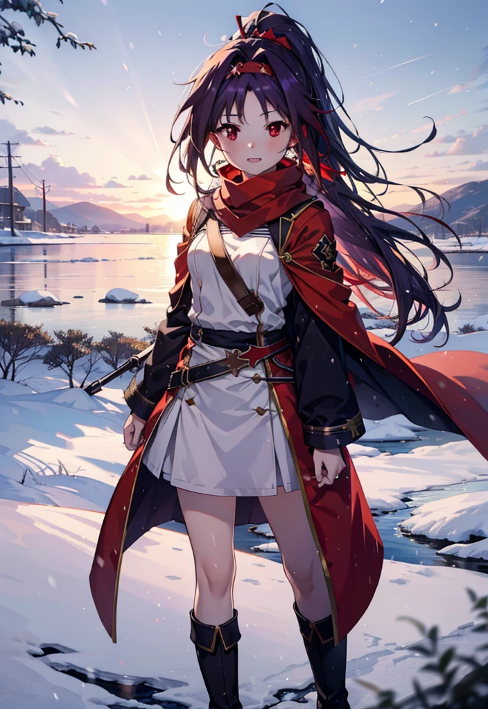 yuukikonno, Konno Yuuki, Long Hair, Pointed Ears, Purple Hair, (Red eyes:1.5), (Small breasts:1.2), Open your mouth,happy smile, smile, Open your mouth,hair band,low ponytail,Red Scarf,Purple long coat,V-neck sweater,Long skirt,short boots,snowが降っている,snowが降り積もっている,snow,snow,snow,snow,winter,Cold night,Walking,whole bodyがイラストに入るように,Looking down from above,
break looking at viewer,  whole body,
break outdoors, In town,
break (masterpiece:1.2), Highest quality, High resolution, unity 8k wallpaper, (figure:0.8), (Beautiful attention to detail:1.6), Highly detailed face, Perfect lighting, Highly detailed CG, (Perfect hands, Perfect Anatomy),