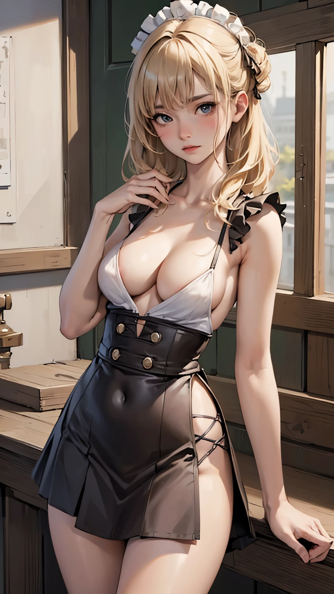 ((masterpiece, highest quality, Highest image quality, High resolution, photorealistic, Raw photo, 8K)), Ultra Wide Angle, blonde, maid dress, mini skirt, medium hair, onnanoko, (cleavage:1.3), (side boob:1.2), (wide waist:1.2), sexy thighs, naval, loose appron, sad, blushing, (small breast:1.2), (breast gap:1.6), nipples bulged, raise hand, armpit