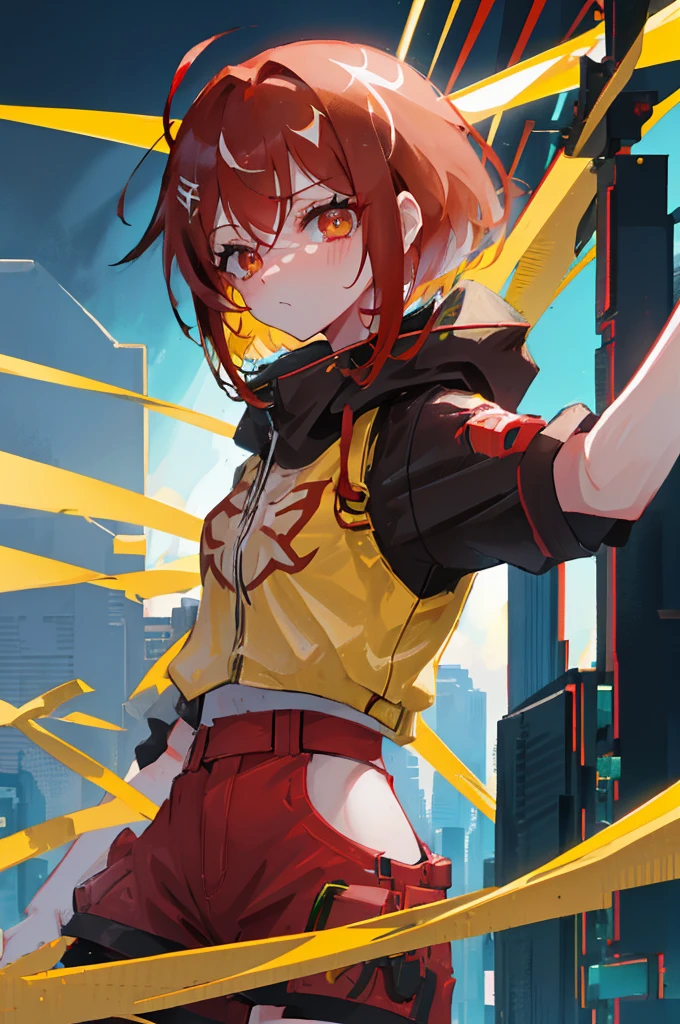 　Red Hair　Yellow Eyes　Bob　外はねBob　Confused eyes　Bob　Red Hair　Thick, vibrant red hair　Bob　whole body　female性　female　Cyberpunk Costume　Yellow costume　黄色いCyberpunk Costume　Dynamic pose　battle　electricity　Bobヘア electricityを操る