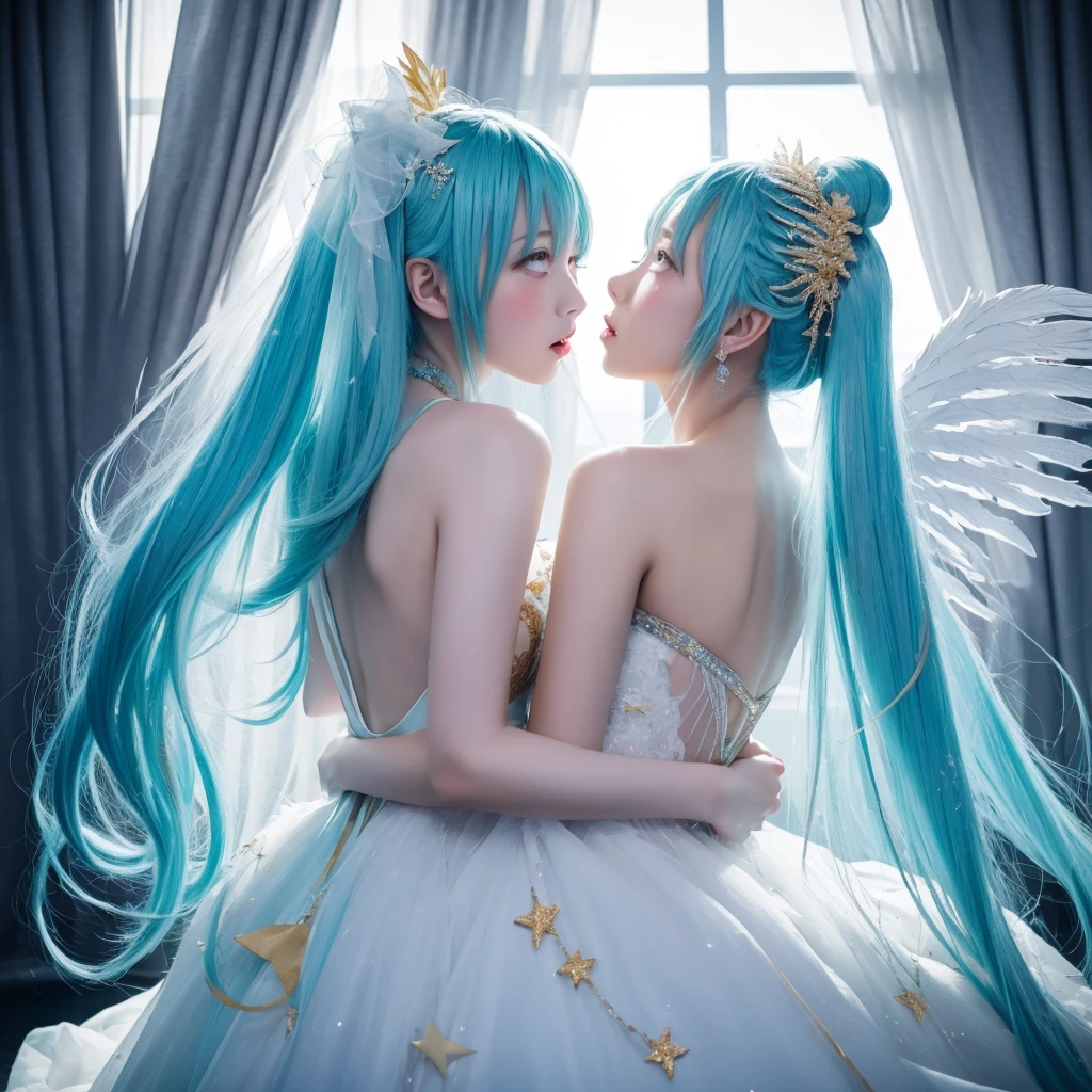 masterpiece, best quality, hatsune miku, white gown, angel, angel wings, golden halo, dark background, upper body, (closed mouth:1.2), looking at viewer, arms behind back, blue theme, stars, starry night