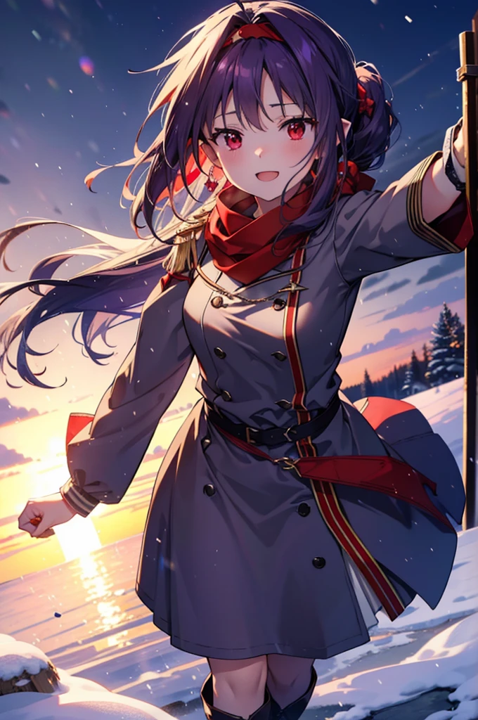 yuukikonno, Konno Yuuki, Long Hair, Pointed Ears, Purple Hair, (Red eyes:1.5), (Small breasts:1.2), Open your mouth,happy smile, smile, Open your mouth,hair band,low ponytail,Red Scarf,Purple long coat,V-neck sweater,Long skirt,short boots,snowが降っている,snowが降り積もっている,snow,snow,snow,snow,winter,Cold night,Walking,whole bodyがイラストに入るように,Looking down from above,
break looking at viewer,  whole body,
break outdoors, In town,
break (masterpiece:1.2), Highest quality, High resolution, unity 8k wallpaper, (figure:0.8), (Beautiful attention to detail:1.6), Highly detailed face, Perfect lighting, Highly detailed CG, (Perfect hands, Perfect Anatomy),