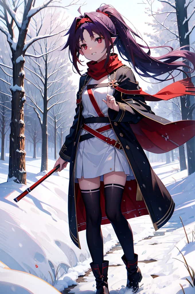 yuukikonno, Konno Yuuki, Long Hair, Pointed Ears, Purple Hair, (Red eyes:1.5), (Small breasts:1.2), Open your mouth,happy smile, smile, Open your mouth,hair band,low ponytail,Red Scarf,Purple long coat,V-neck sweater,Long skirt,short boots,snowが降っている,snowが降り積もっている,snow,snow,snow,snow,winter,Cold night,Walking,whole bodyがイラストに入るように,Looking down from above,
break looking at viewer,  whole body,
break outdoors, In town,
break (masterpiece:1.2), Highest quality, High resolution, unity 8k wallpaper, (figure:0.8), (Beautiful attention to detail:1.6), Highly detailed face, Perfect lighting, Highly detailed CG, (Perfect hands, Perfect Anatomy),