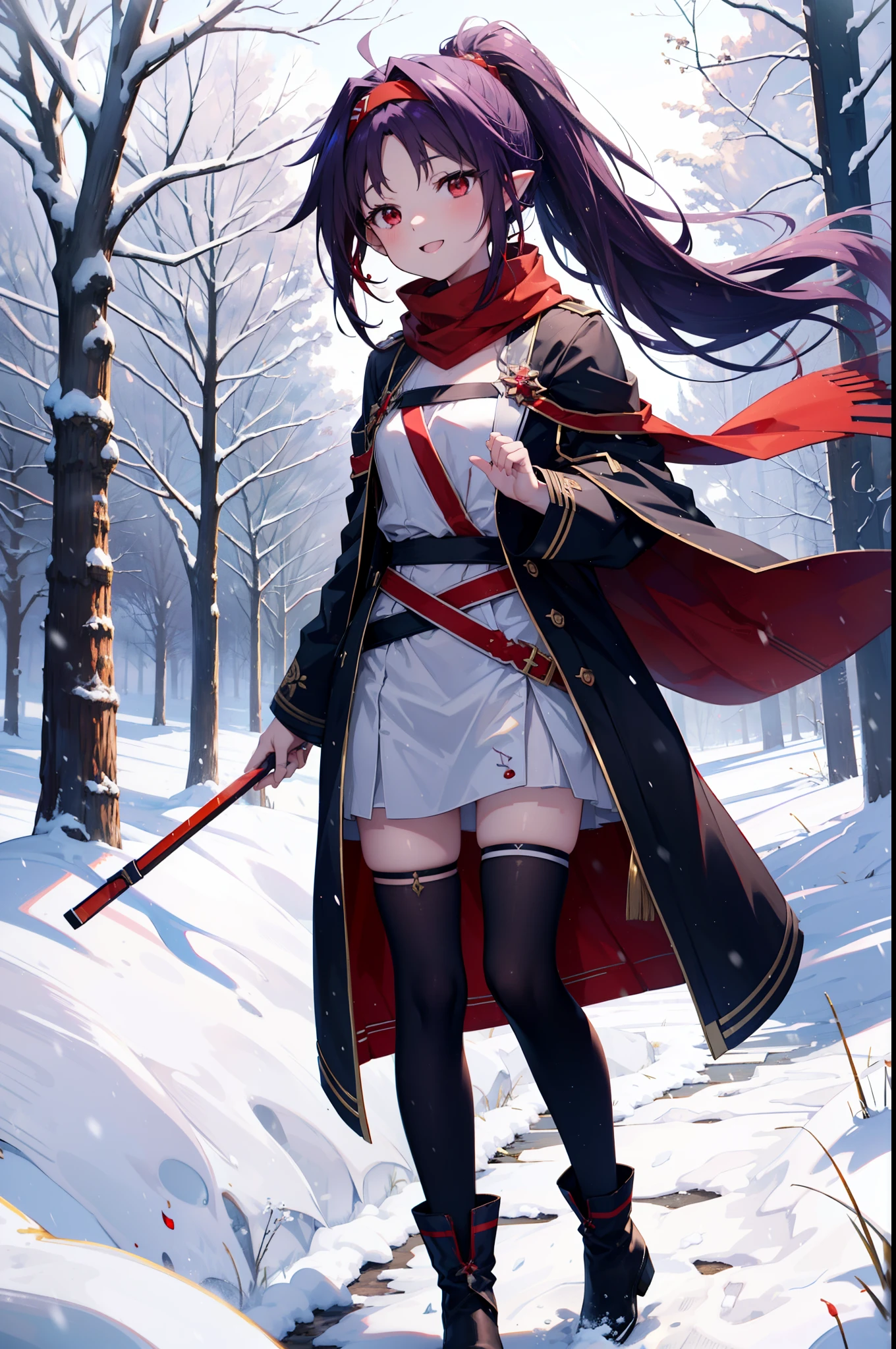 yuukikonno, Konno Yuuki, Long Hair, Pointed Ears, Purple Hair, (Red eyes:1.5), (Small breasts:1.2), Open your mouth,happy smile, smile, Open your mouth,hair band,low ponytail,Red Scarf,Purple long coat,V-neck sweater,Long skirt,short boots,snowが降っている,snowが降り積もっている,snow,snow,snow,snow,winter,Cold night,Walking,whole bodyがイラストに入るように,Looking down from above,
break looking at viewer,  whole body,
break outdoors, In town,
break (masterpiece:1.2), Highest quality, High resolution, unity 8k wallpaper, (figure:0.8), (Beautiful attention to detail:1.6), Highly detailed face, Perfect lighting, Highly detailed CG, (Perfect hands, Perfect Anatomy),