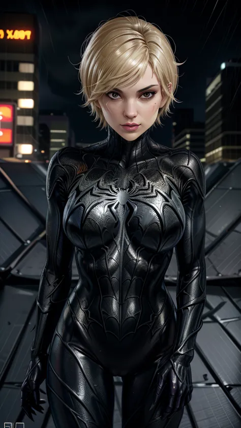 28 year old girl, Spider-Man Venom Black Suit, short blunt hair, blond, pretty face, Rain, roof, first work, cracked details, pe...