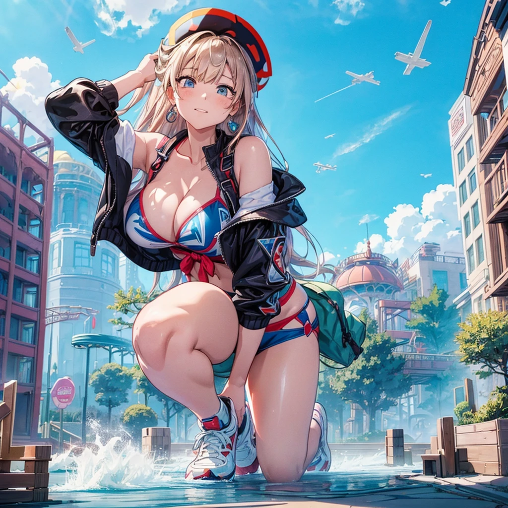 masterpiece　　Unreal Engine　Anime Style　Delicate painting　4K　90's　giant　crowd　 　amusement park　　((amusement parkに立っている巨大な黒髪の水着の女の子))　clown　stuffed toy　roller coaster　Merry-go-round　crowd　Big Breasts　sneakers　Bikini Swimwear　paola　Straw hat　　　smile　blue sky　cumulonimbus　Contrail　female giant giant girl Whole body 　 Destroyed skyscrapers Destroyed cars Crowd Unreal Engine,cleavage ,a drawing of a , earrings, long hair, 1980s (style) Cute picture　Beauty　Analog style　whole body　sneakers　