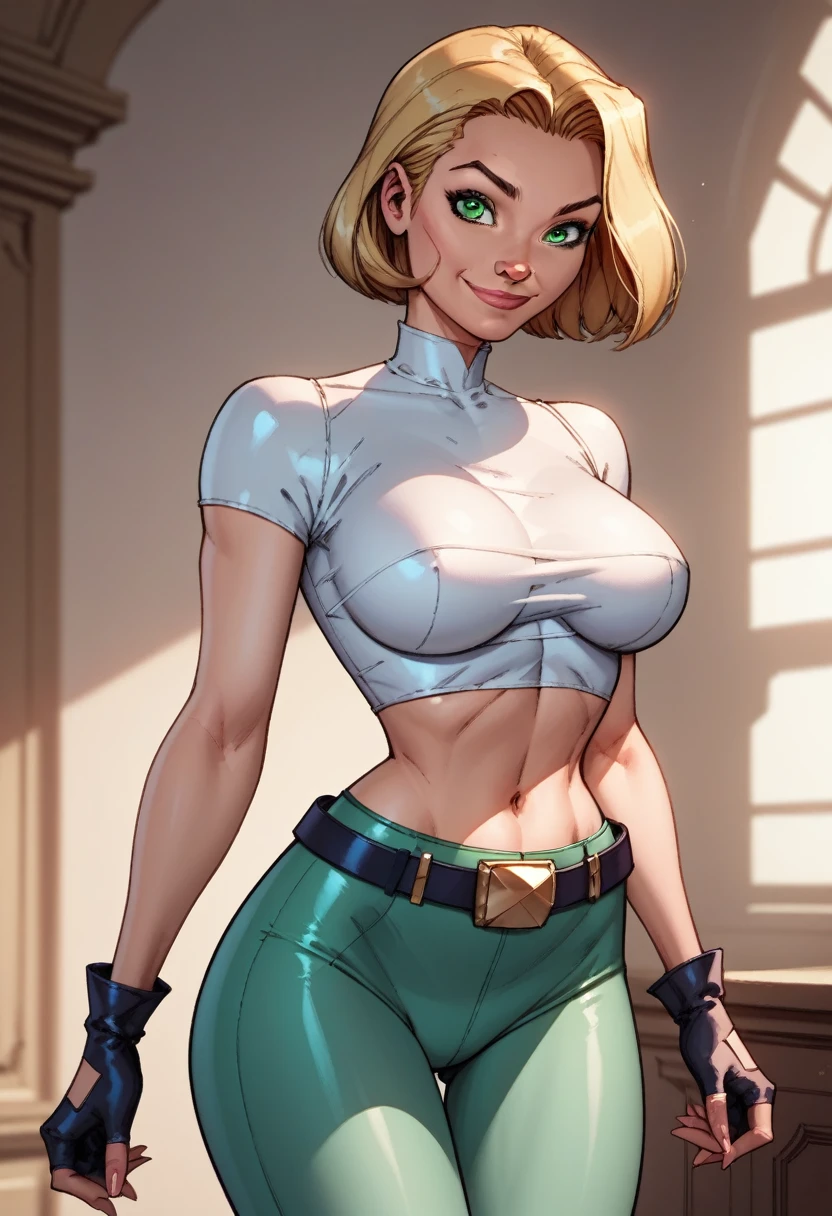 score_9, score_8_up, score_7_up,score_6_up, score_5_up, score_4_up, detailed soft lighting, 1girl, solo, large breasts, AchaseDG, hort hair, blonde hair, green eyes, plain white shirt, black gloves, crop top, green and black pants, belt, fingerless gloves, (tight clothes:1.3), (on a luxurious mega yacht:1.4), standing, provocative poses, looking at viewer, smile, closed mouth, (masterpiece, best quality, highly detailed, beautiful).