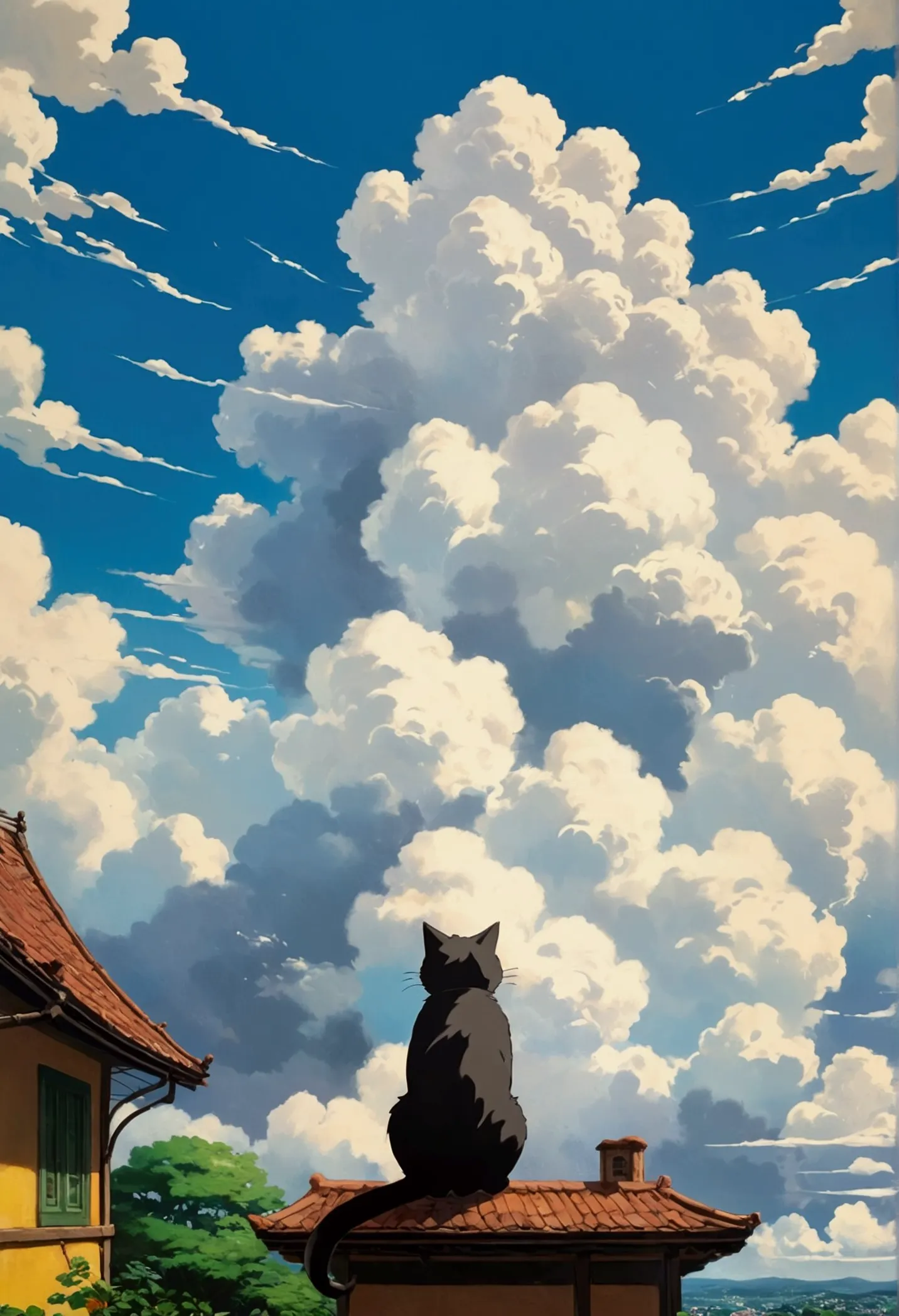 ghibli background　cat cloud