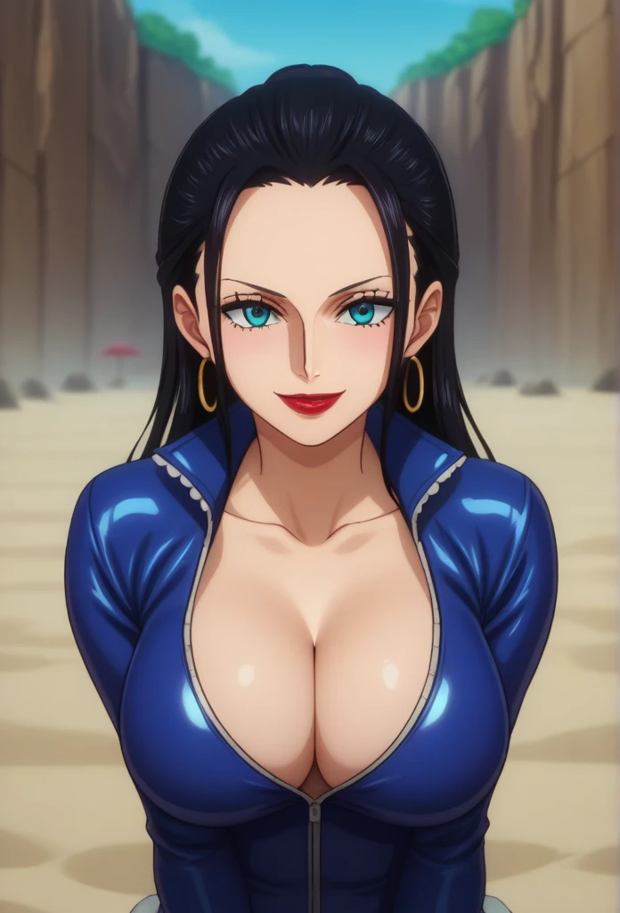 puntaje_9, puntaje_8_arriba, puntaje_7_arriba, fuente_animado, animado screencap, Uno_pedazo_Estilo, Nico Robin, pelo negro, pelo largo, blue eyes, pechos grandes, cuerpo perfecto, mirando al espectador, sonrisa, escote, desde el frente, mirando al espectador, playa,pintalabios rojo, pendientes de aros ,Pendientes largos ,traje de latex