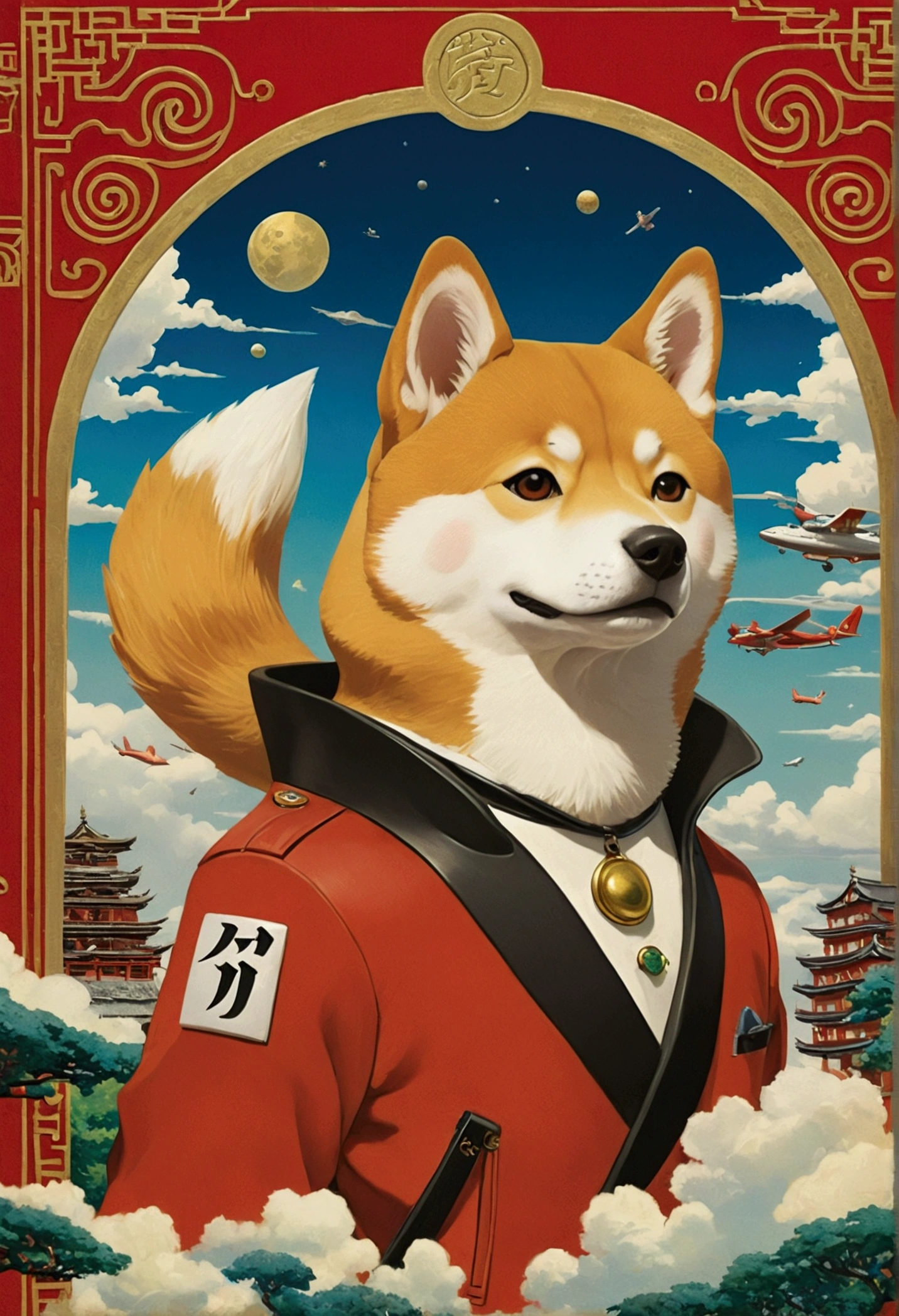 Ghibli　fly in the sky　Shiba Inu