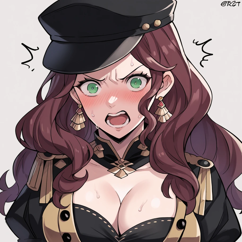 score_9, score_8_up, score_7_up, source_anime, Dorothea (Fire Emblem), bust shot, mldortgm, black headwear, (black uniform), brown hair, dangle earrings, gold trim, green eyes, jewelry, large breasts, cleavage, long hair, black peaked cap, black hat, looking at the viewer, angry facial expression, shocked eyes, open mouth, scream, blush, sweat