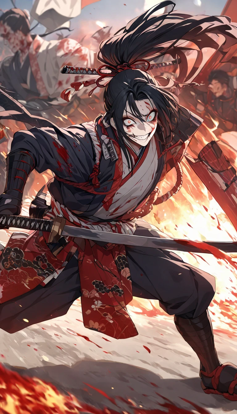 black hair, ponytail, crazy eyes, evil smile, anime style, blending, anatomically correct, super detail, best quality, high details, masterpiece, high quality, accurate, Samurai, Ronin, Kimono, Sword-wielding, Running through the battlefield, Flameout, Covered in blood and covered in wounds