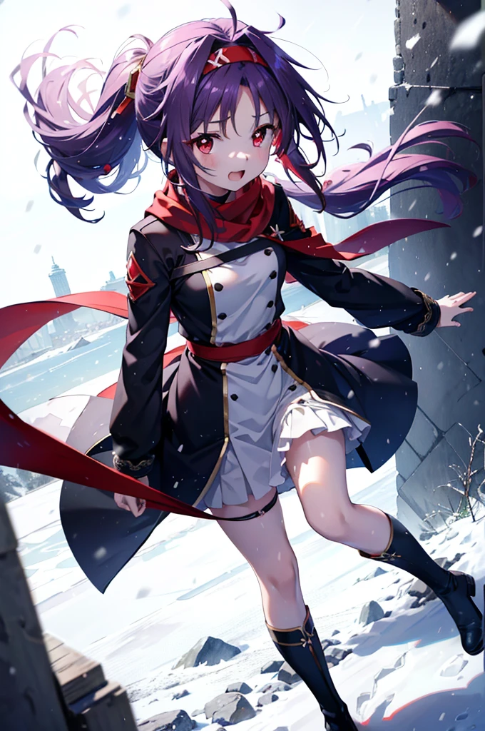 yuukikonno, Konno Yuuki, Long Hair, Pointed Ears, Purple Hair, (Red eyes:1.5), (Small breasts:1.2), Open your mouth,happy smile, smile, Open your mouth,hair band,low ponytail,Red Scarf,Purple long coat,sweater,Long skirt,short boots,snowが降っている,snowが降り積もっている,snow,snow,snow,snow,winter,Cold night,Walking,whole bodyがイラストに入るように,Looking down from above,
break looking at viewer,  whole body,
break outdoors, In town,
break (masterpiece:1.2), Highest quality, High resolution, unity 8k wallpaper, (figure:0.8), (Beautiful attention to detail:1.6), Highly detailed face, Perfect lighting, Highly detailed CG, (Perfect hands, Perfect Anatomy),