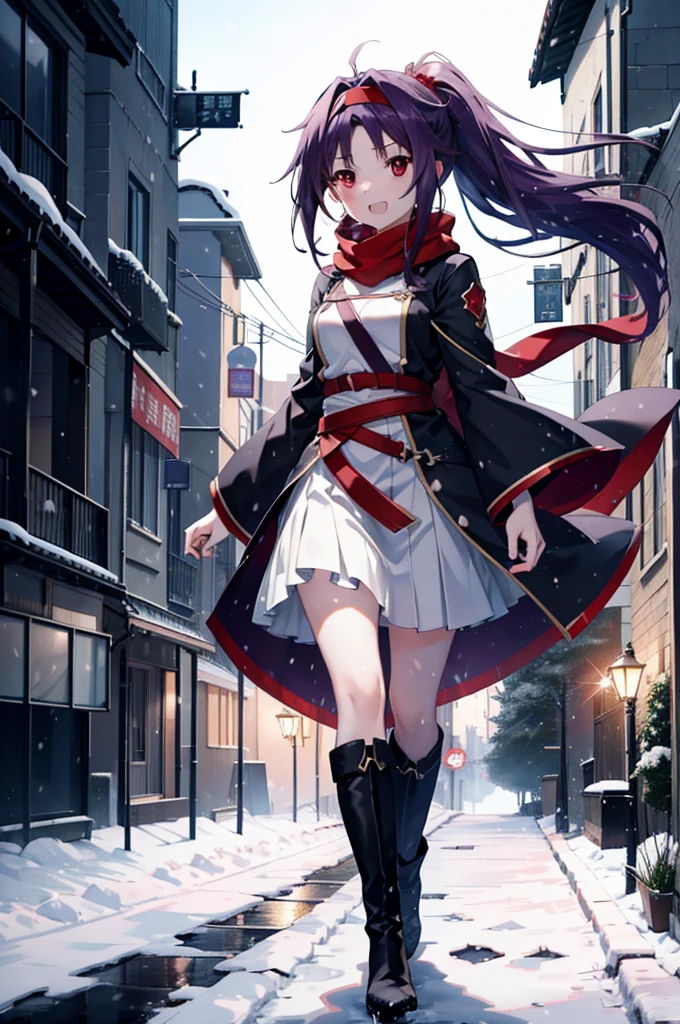 yuukikonno, Konno Yuuki, Long Hair, Pointed Ears, Purple Hair, (Red eyes:1.5), (Small breasts:1.2), Open your mouth,happy smile, smile, Open your mouth,hair band,low ponytail,Red Scarf,Purple long coat,sweater,Long skirt,short boots,snowが降っている,snowが降り積もっている,snow,snow,snow,snow,winter,Cold night,Walking,whole bodyがイラストに入るように,Looking down from above,
break looking at viewer,  whole body,
break outdoors, In town,
break (masterpiece:1.2), Highest quality, High resolution, unity 8k wallpaper, (figure:0.8), (Beautiful attention to detail:1.6), Highly detailed face, Perfect lighting, Highly detailed CG, (Perfect hands, Perfect Anatomy),