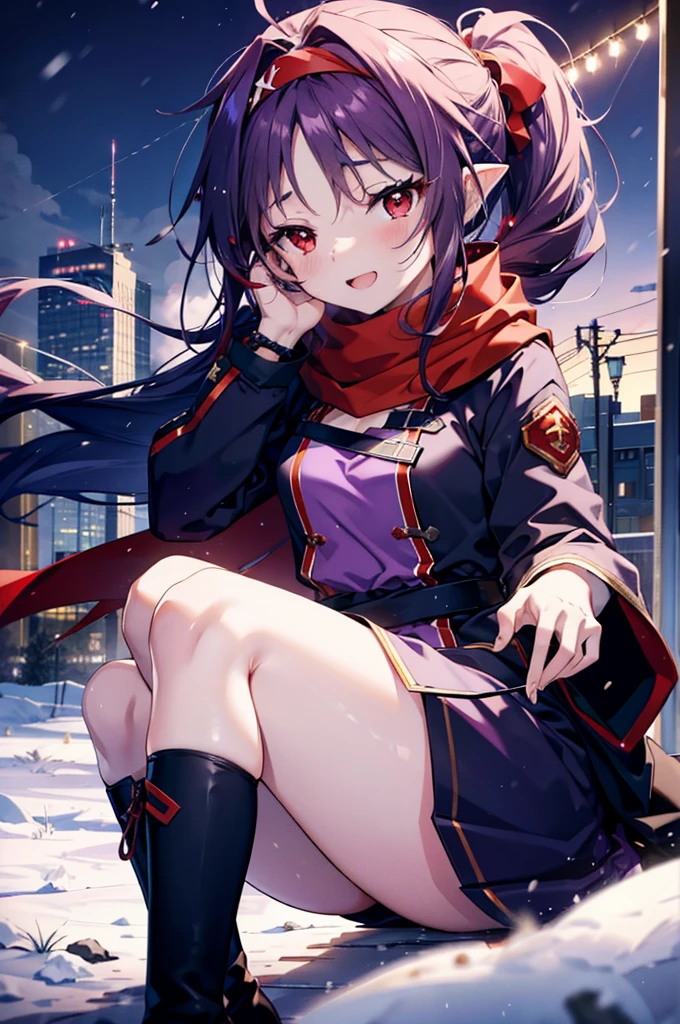 yuukikonno, Konno Yuuki, Long Hair, Pointed Ears, Purple Hair, (Red eyes:1.5), (Small breasts:1.2), Open your mouth,happy smile, smile, Open your mouth,hair band,low ponytail,Red Scarf,Purple long coat,sweater,Long skirt,short boots,snowが降っている,snowが降り積もっている,snow,snow,snow,snow,winter,Cold night,Walking,whole bodyがイラストに入るように,Looking down from above,
break looking at viewer,  whole body,
break outdoors, In town,
break (masterpiece:1.2), Highest quality, High resolution, unity 8k wallpaper, (figure:0.8), (Beautiful attention to detail:1.6), Highly detailed face, Perfect lighting, Highly detailed CG, (Perfect hands, Perfect Anatomy),